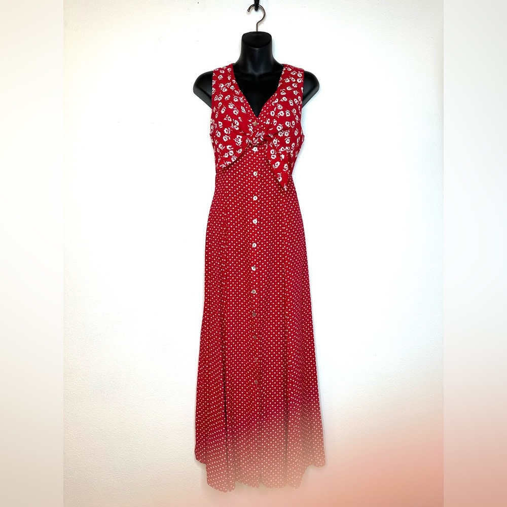 VTG Robbie Bee Women's Maxi Dress 12 Red Floral Tie Front Western Prairie Retro